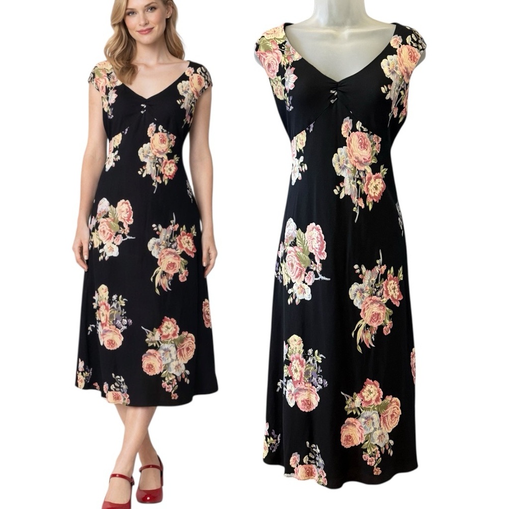 Ralph Lauren Silk Euro Summer Floral Midi Dress Black Romantic Cottagecore 6